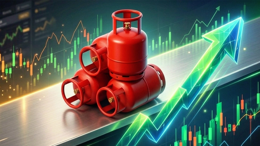 Red gas cylinders with rising graph